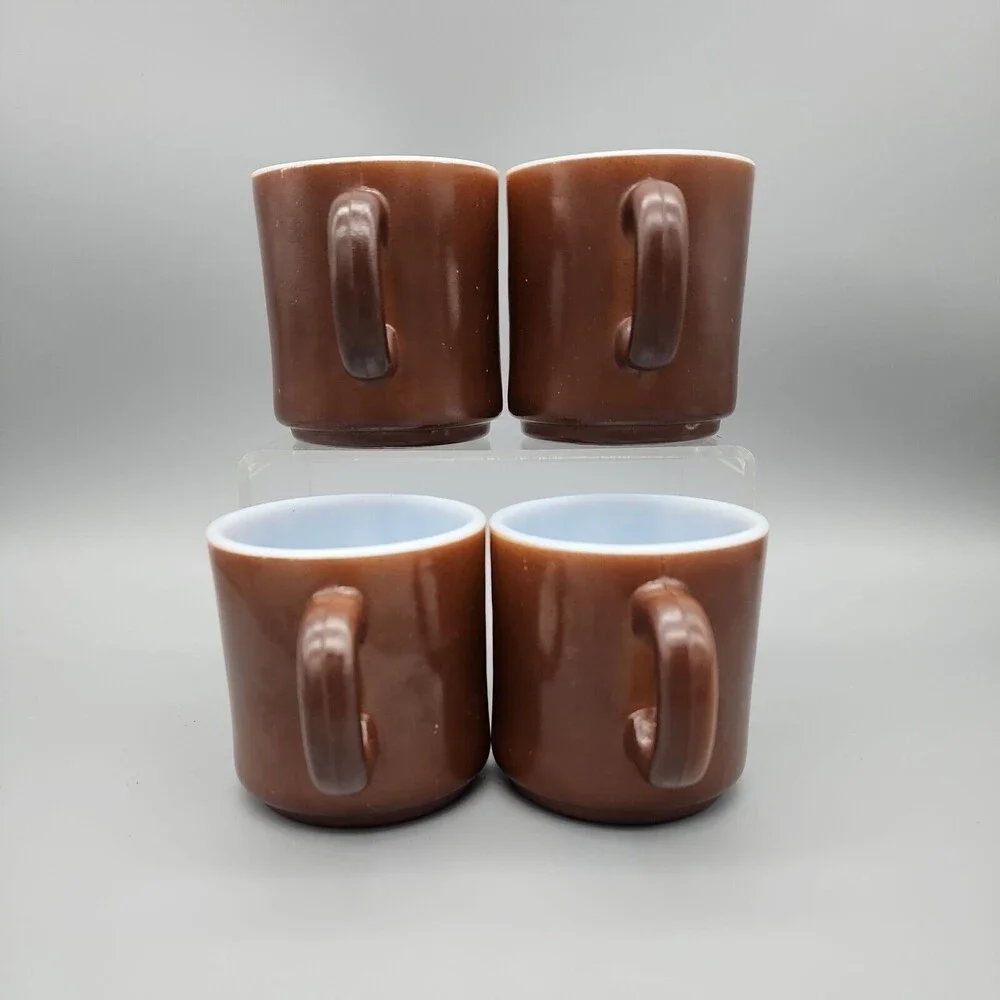 VtG 4 Hazel Atlas Glass Two-Toned Coffee Mugs Coffee Cups Brown & White D Handle
